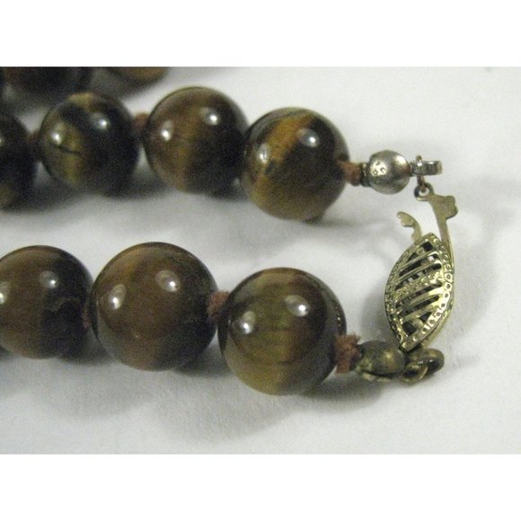 Tiger Eye Beaded Necklace 26 Long Single Strand Knots 14k Gold Filled Clasp VTG - Picture 5 of 7